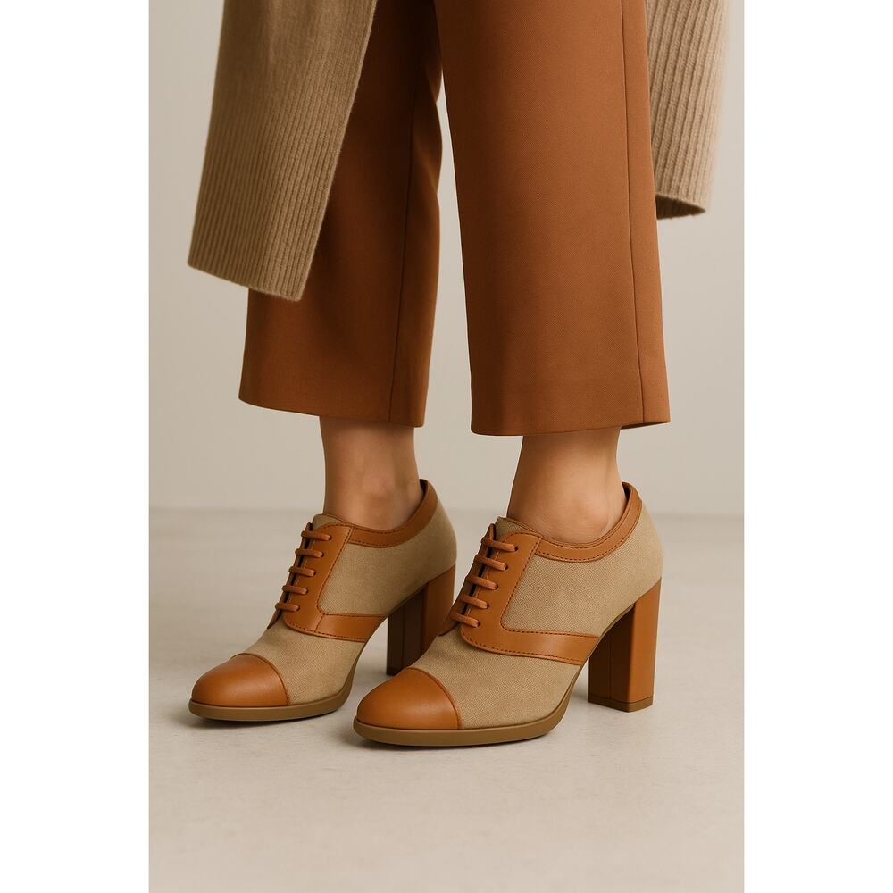 Johnston & Murphy Tan Canvas Leather Oxford Block Heel Booties 7 | Vintage Style